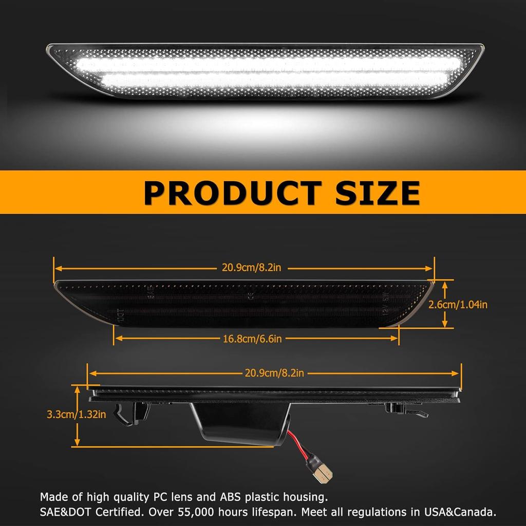Gempro LED Side Marker Lights For Ford Mustang 2015- Rear White Fender Marker Reflectors Lamps Smoked Len, 2PCS