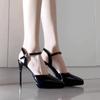 Fashion Women Pumps Sexy Stilettos Fashion Bowknot Pointed Toe Thin Ankle Strap Flock Ladies High Heels Female BLACK Wedding Shoes