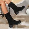 Fashion Spring Autumn Korean Version of Thick Heel Flat Short Sleeve Elastic Boots Female British Style Single Shoes Women Plus Velvet