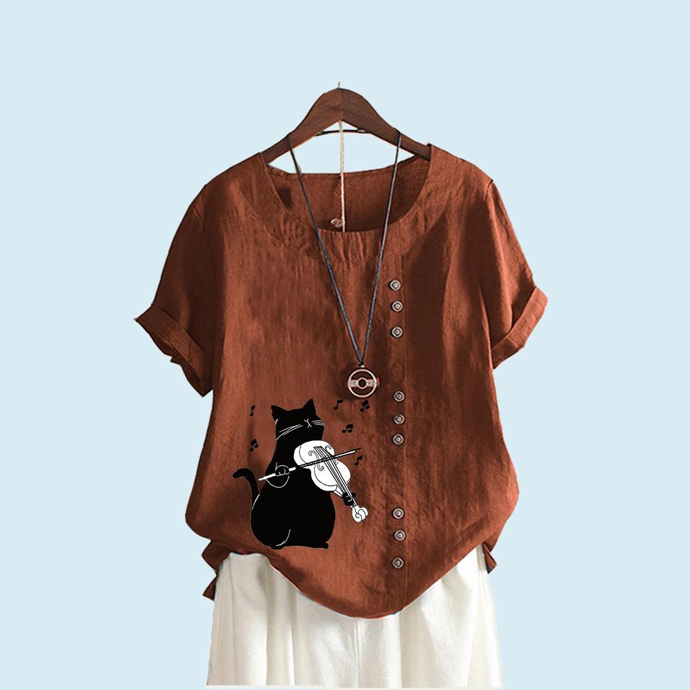 Женская модная футболка с коротким рукавом, летняя и осенняя повседневная верхняя одежда с круглым вырезом и принтом кота, пуловер, свободные хлопковые льняные блузки