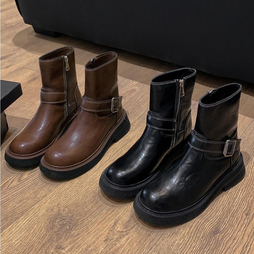 Женские ботильоны Осень Зима Новые Боковая молния Толстая подошва Полусапожки Женские Ретро Круглый носок Толстый каблук Тонкие Короткие ботинки Женские