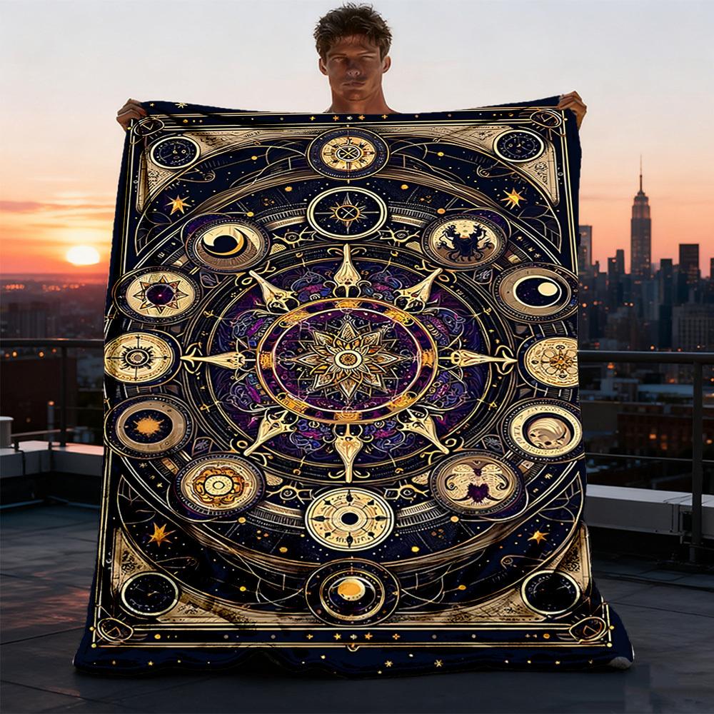 1pc Astrology Symbols Mandala Throw Blanket Polyester Fiber, Lightweight Flannel, Soft & Warm, All Season Use for Outdoor, Camping