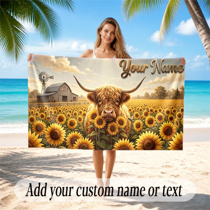 Floral Garden Theme Quick Dry Beach Towel Custom Name Text Print Large Sand Resistant Towel Beach Vacation