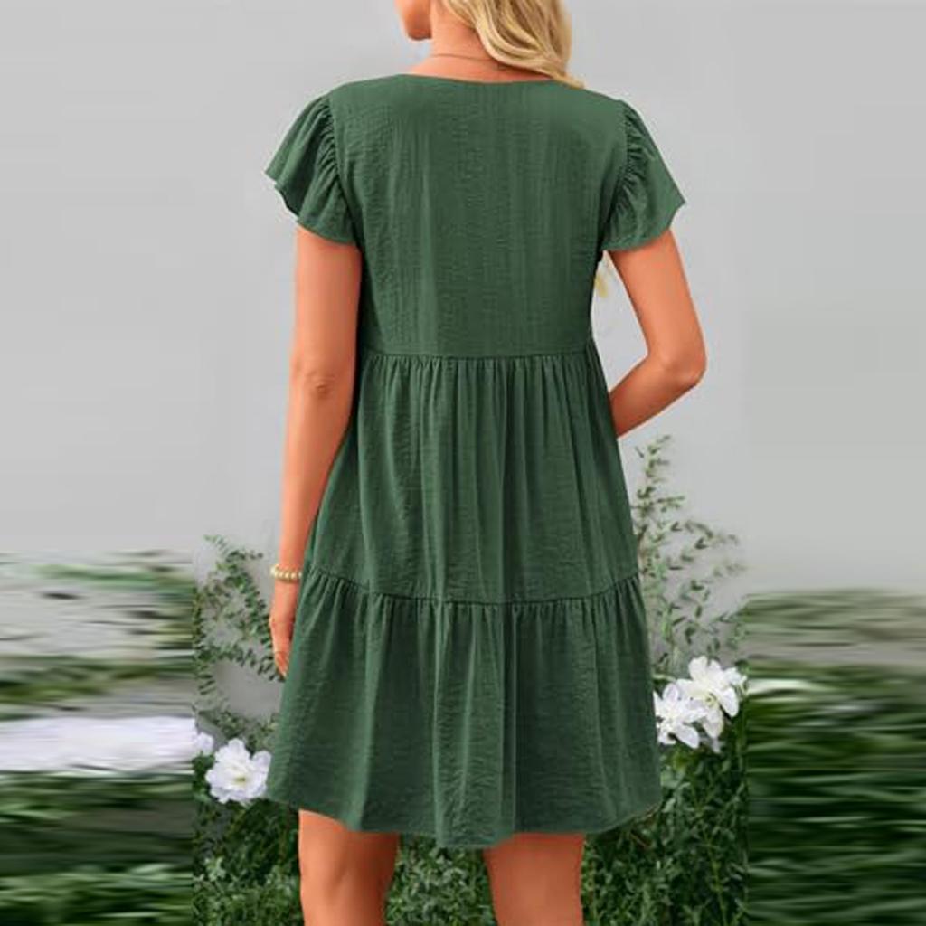 Женские летние повседневные однотонные платья с короткими рукавами и V-образным вырезом, многоуровневые платья с рюшами и трапециевидной формы с карманами