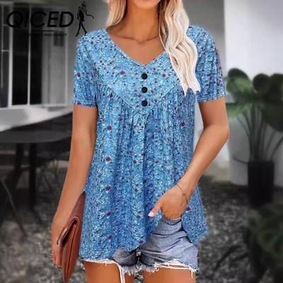 Летние женские футболки с коротким рукавом с цветочным принтом и V-образным вырезом, повседневные футболки с коротким рукавом и застежкой-молнией для женщин