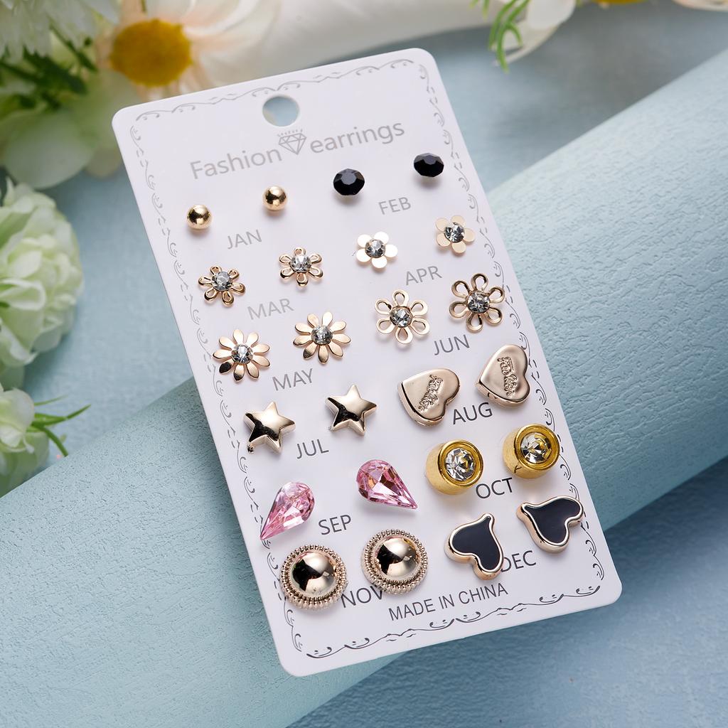 12 Pairs/set Crystal Simulated Pearl Stud Earring Sets For Women Shiny Rhinestone Flower Moon Star Metal Earring Mixed Zircon