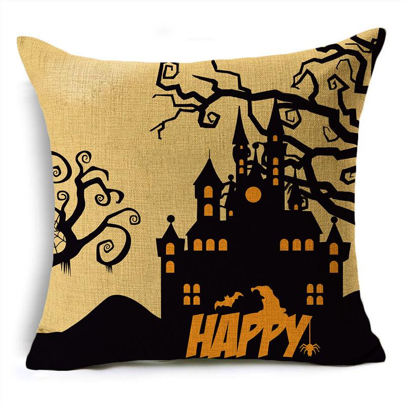 Orange Scary Halloween Night Witch Haunted House Linen Throw Pillowcase Decorative Cushion Cover For Sofa Livingroom Party