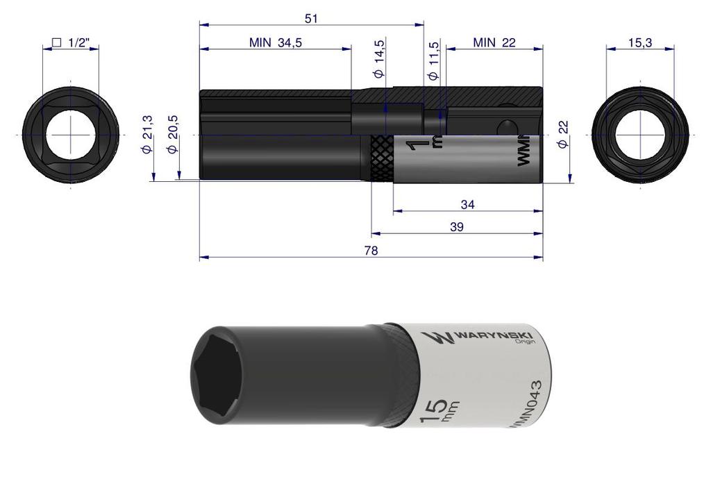 Nasadka Sześciokątna 1/2". 15 Mm. Długa. Crv50Bv30. Din 3124. Waryński