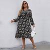 Women Chic A Line Dress High Waist Slim Fit V Neck Long Sleeve Printed Lace Up New Autumn Winter XL 5XL