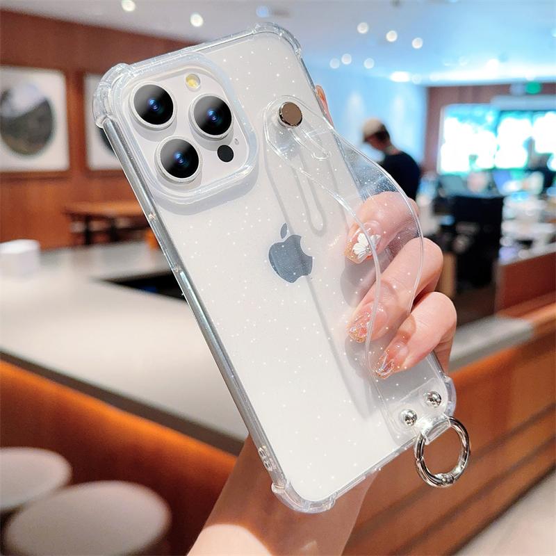 Роскошный прозрачный чехол с блестками и ремешком на запястье для iPhone 11 12 13 14 15 16 Pro Max XR X XS 7 8 Plus, силиконовый мягкий противоударный чехол
