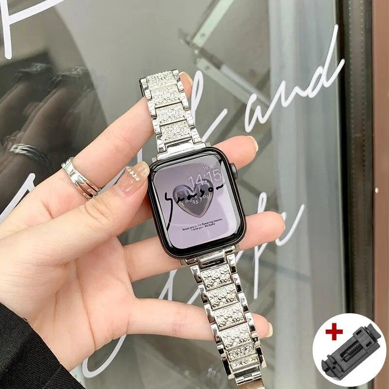 Чехол с бриллиантами + ремешок для Apple Watch Series 8, 7, 41 мм, ультра, 49 мм, 45 мм, ремешок из нержавеющей стали для iwatch 9 se 6, 5, 4, 3, 40 мм, 44 мм, 38 мм, 42 мм, металлический ремешок для часов