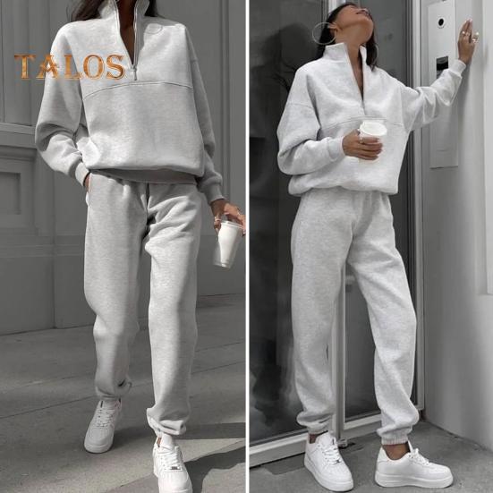 2 Pcs/Set Women Top Pants Set Half Zipper High Collar Long Sleeve Thickened Sweatshirt Stretchy Waist Ankle-banded Trousers Sport Fitness Tracksuit