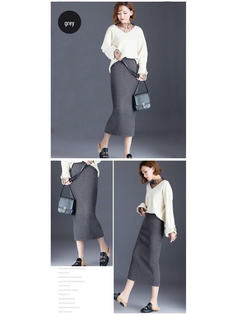 Женская трикотажная шерстяная юбка с высокой талией 2021 года: Осень/Зима, Плотный, Длинный, Приталенный, с разрезом