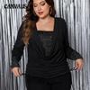 Solid Color Long Sleeve Women's Plus Size Big Drop Neck Loose Drawstring Blouse