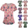 Женские топы с короткими рукавами и v-образным вырезом с рождественским принтом, рабочая блузка с карманами