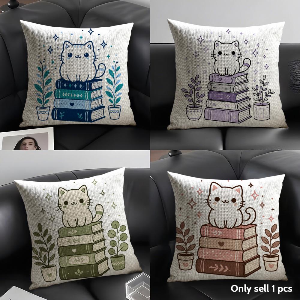 The Cat on the Book Cushion Cover Breathable Linen Organic Fabric DoubleSided Printing Sofa Pillow Case Home Decor