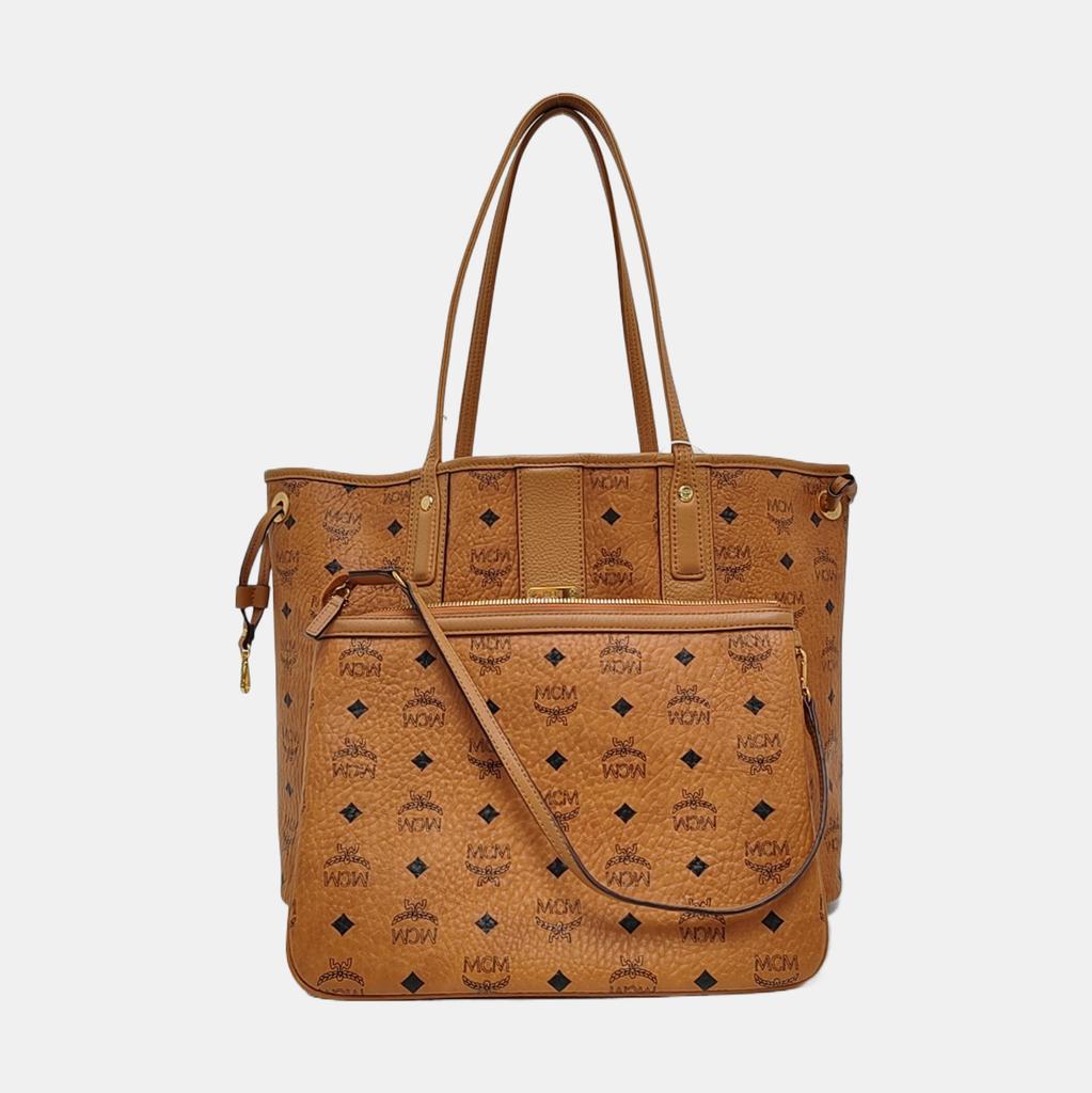 [Pre-Owned] Liz Medium Cognac Coated Canvas Printed Tote Bag With Gold Hardware And Pouch - Very Good #1XT5EYY