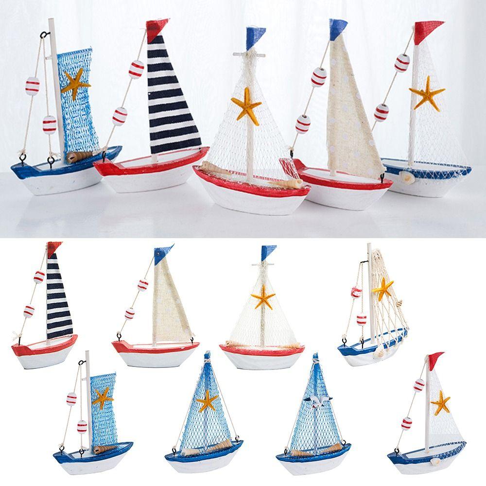 Wood Sailing Boat Model Mediterranean Style Miniature Boat Figurine  Office Room Livingroom