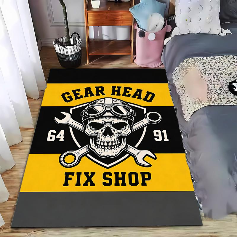 "Gear Head Fix Shop Skull with Tools Yellow and Black Themed Rug" Suitable for use as an anti-slip for living room bedroom sofas
