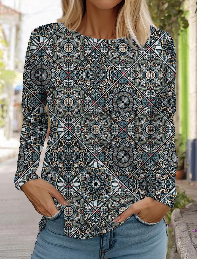 2024 Женские гавайские ретро-модные топы с длинным рукавом и круглым вырезом, повседневная футболка с длинным рукавом, дизайнерская новинка