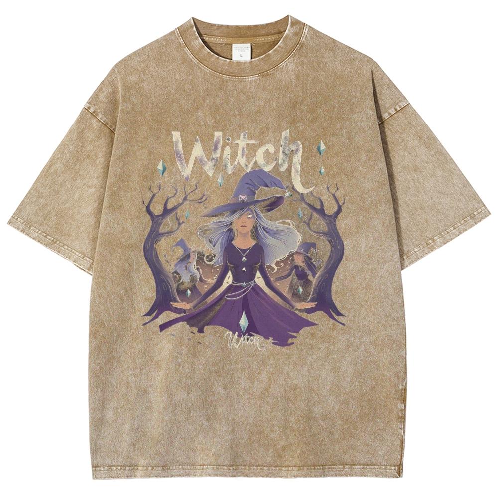 Женская футболка в стиле Харадзюку с принтом ведьмы, состаренная, оверсайз, выстиранная, с коротким рукавом, из удобной ткани, унисекс