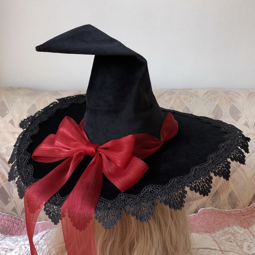 Vintage Lace Trim Witch Pointed Hat Adult Size Bandage Bow Wizard Hat Cosplay Costume Lolita Bucket Hat Halloween Party