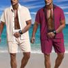 Beach Style Breathable Knitted Mens Set Summer Casual Color Block Short Sleeve Knit Shirt and Shorts Two Piece Sports Suits Men Outfits