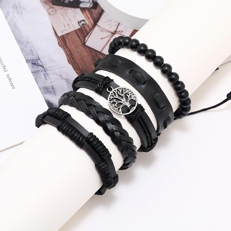 Популярный кожаный браслет с бусинами Древо жизни, модный ретро плетеный браслет из пяти частей