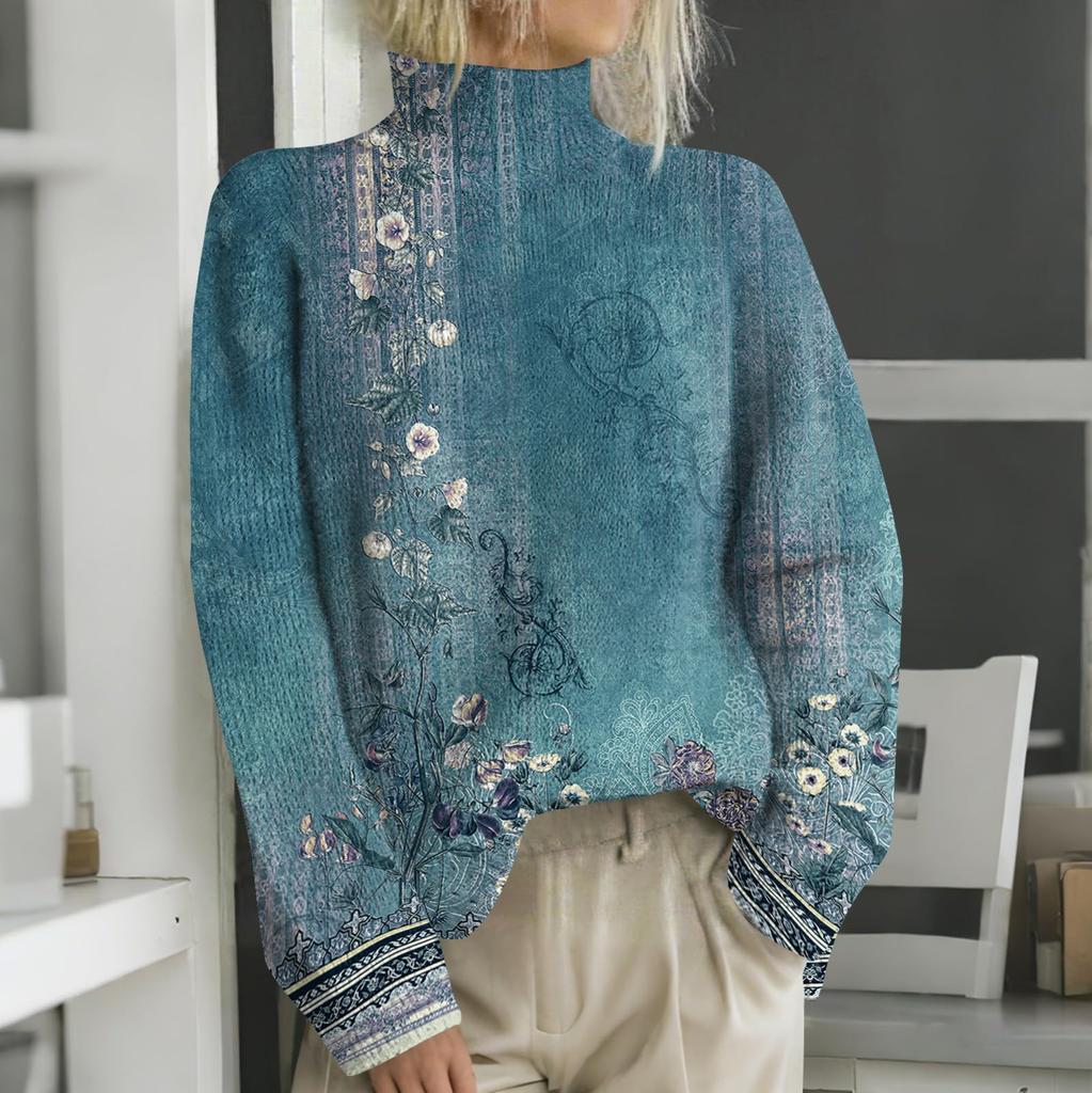 Женская мода повседневная с длинным рукавом и принтом, с высоким воротом, шерстяной трикотаж