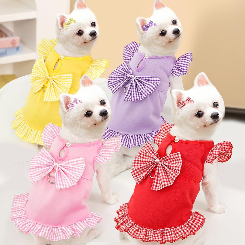 Polyester Summer Dog Skirt Bow Plaid Pet Clothing Trendy Puppy Princess Dress for Cats Kitten
