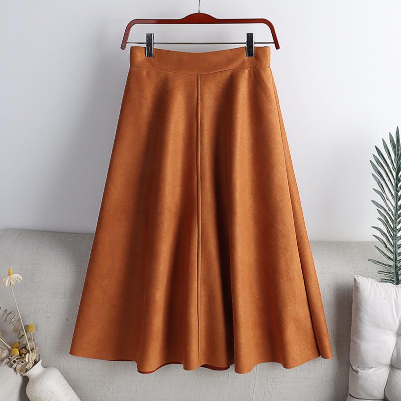 Осенне-зимняя ретро женская замшевая юбка с высокой талией, прилегающего кроя, женская юбка миди А-силуэта, расклешенная юбка