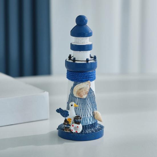 Деревянная фигурка маяка, Ручная работа, Морской маяк, Пляжное украшение, Бело-синий прибрежный настольный декор для дома, Гостиной