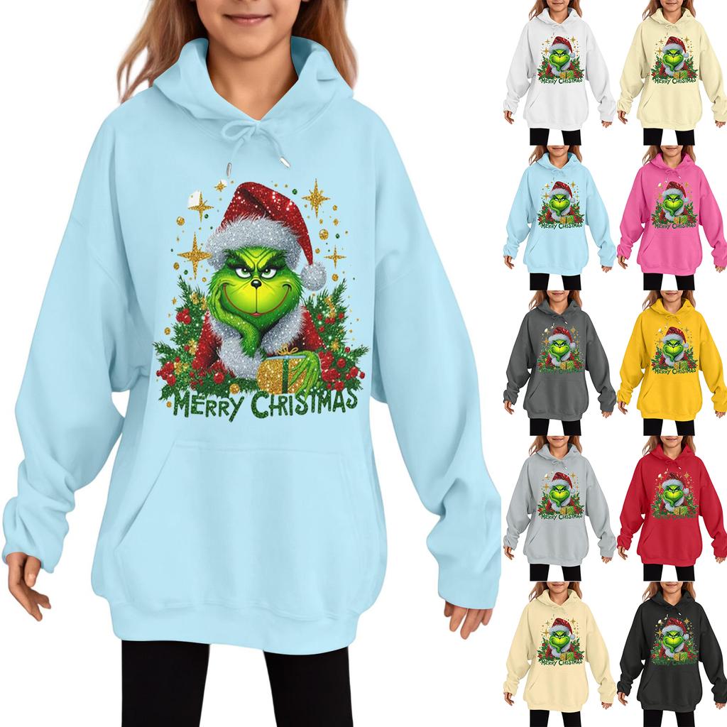 Children's Fashionable Casual Long-sleeved Loose Christmas Print Pullover Hooded Sweatshirt