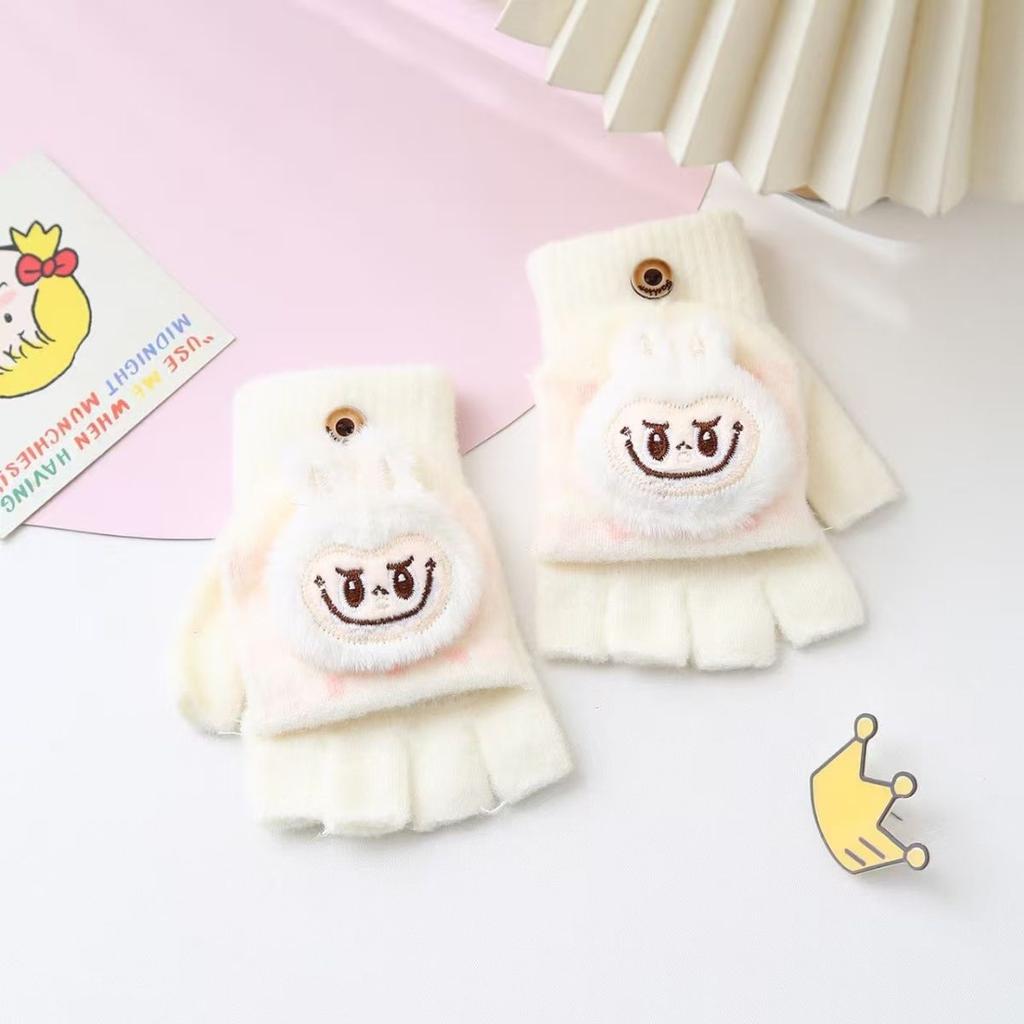 Children's Princess-style Flip Cartoon Gloves, Winter Plush Five-fingered Warm Gloves