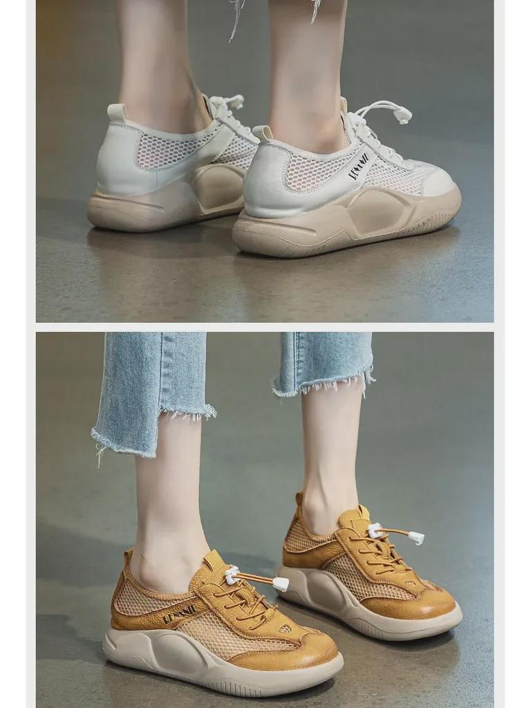 2025 Spring/Summer Women's Soft Thick-Soled Cowhide Mesh Slip-On Flats