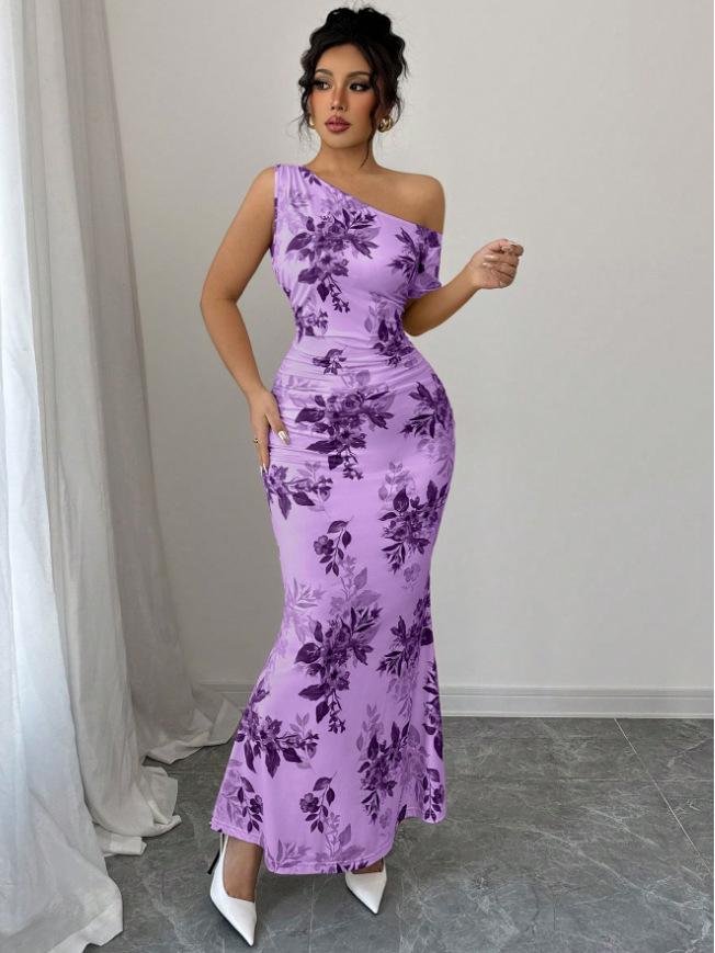 2025 New One-Shoulder High-Waisted Print Slimming Long Dress