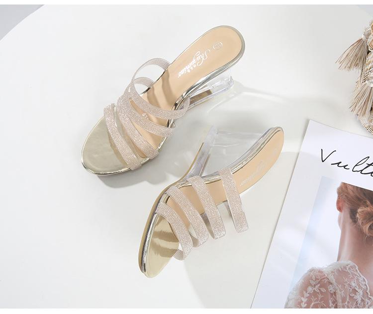 Женская летняя универсальная женская обувь на высоком каблуке со стразами, простые босоножки на наклонном каблуке, прозрачный каблук LFD