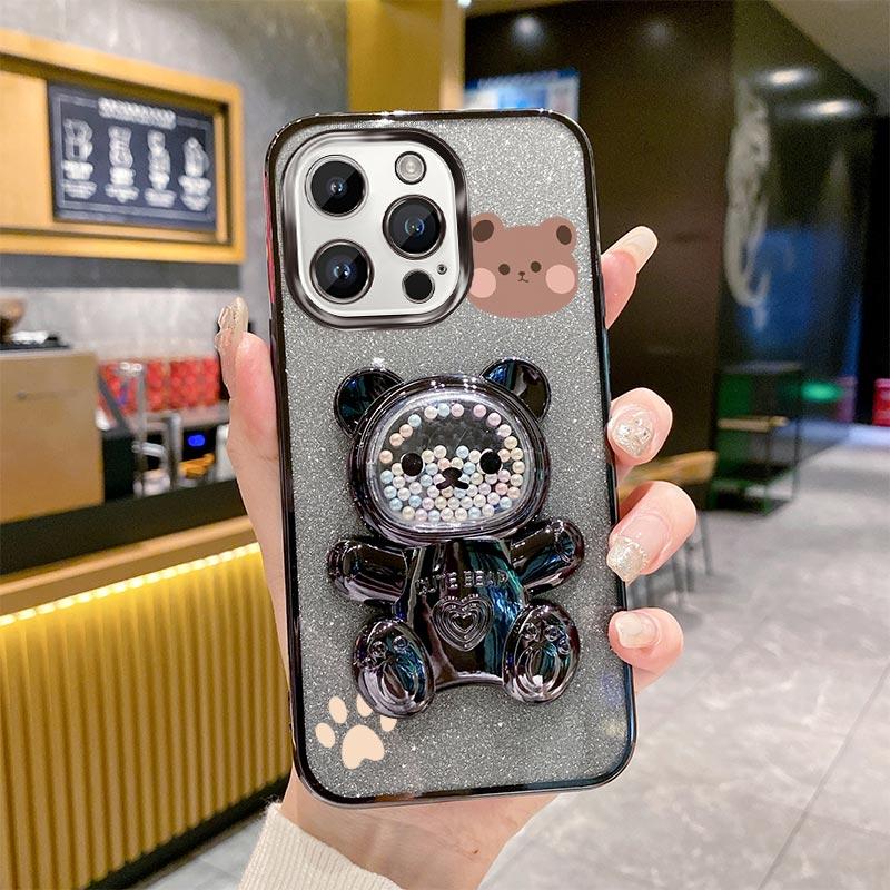 15Pro 14Pro Glitter Bling Bear Phone Holder Case For iPhone 15 14 13 12 11 Xs Pro Max Mini X XR Apple 6 6s 7 8 Plus Stand Cover