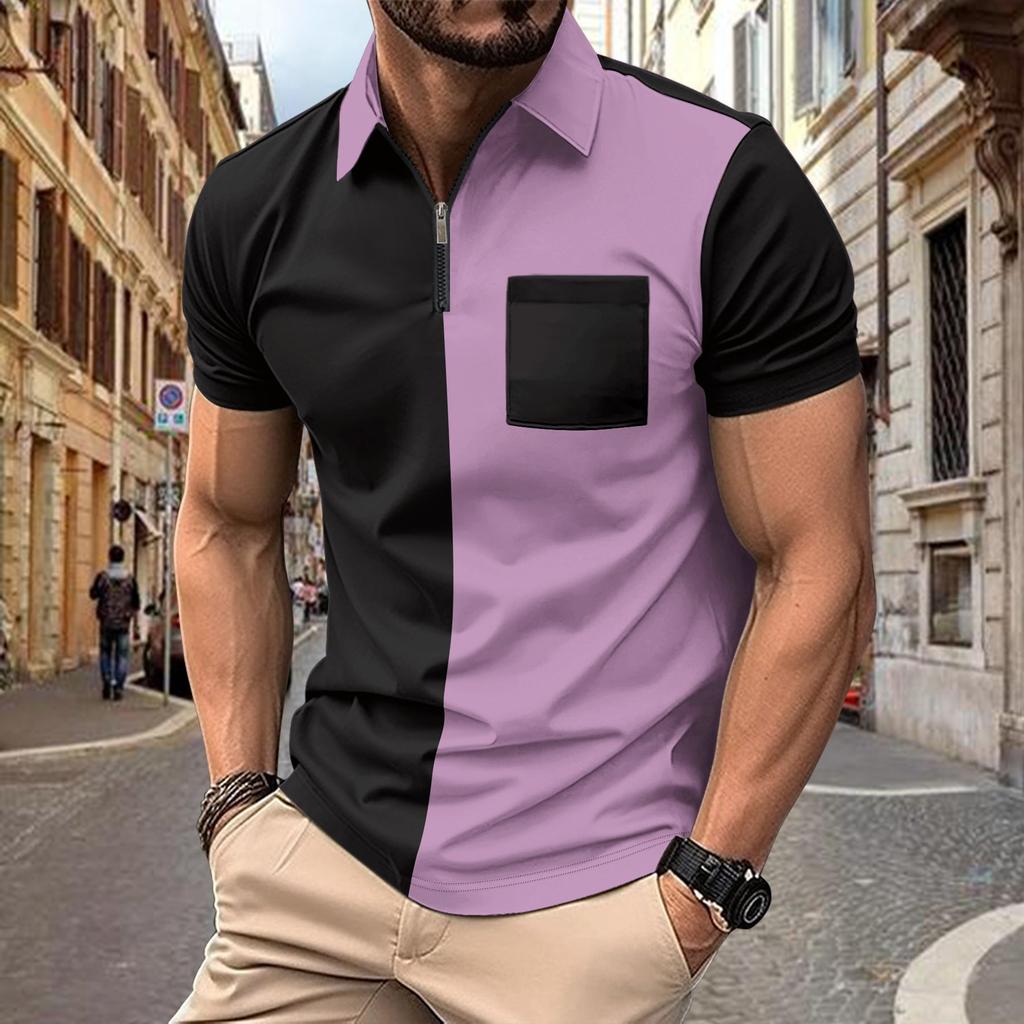 Летняя Новинка Мужская Футболка Поло с Коротким Рукавом на Половине Молнии, Цветной Блок, Карман, Модная Повседневная Футболка с Воротником Поло