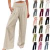 Summer Cotton Linen Wide Leg Pants Women Loose Palazzo Pant Pocket Elastic Waist Button Casual Pants