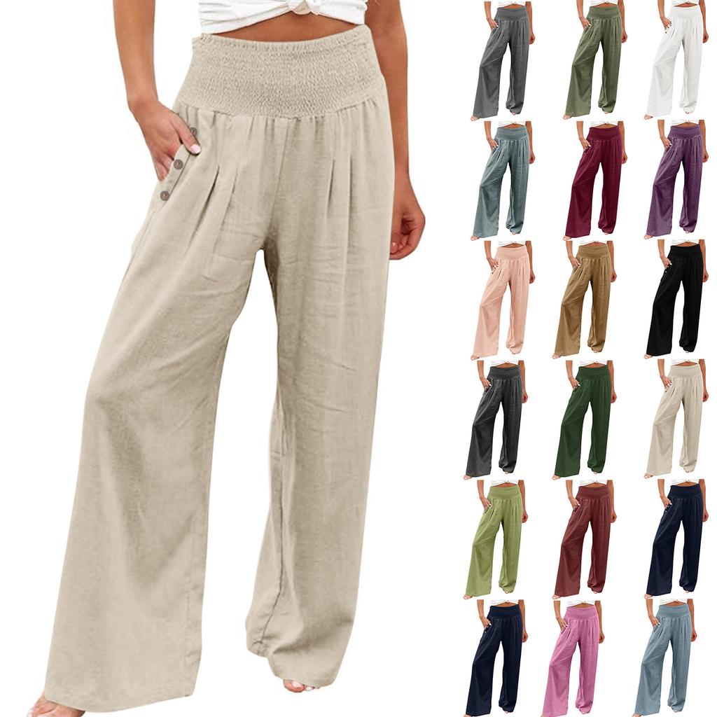 Summer Cotton Linen Wide Leg Pants Women Loose Palazzo Pant Pocket Elastic Waist Button Casual Pants
