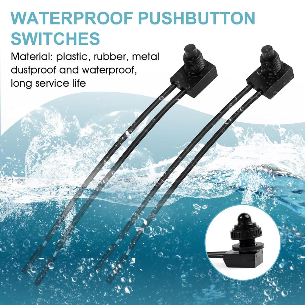Waterproof Push Button Switch 12V ON/Off SPST Switch with 4.5''Lines KP-107 for Motorcycle Car Boat Bathroom Fan (2 Pack)