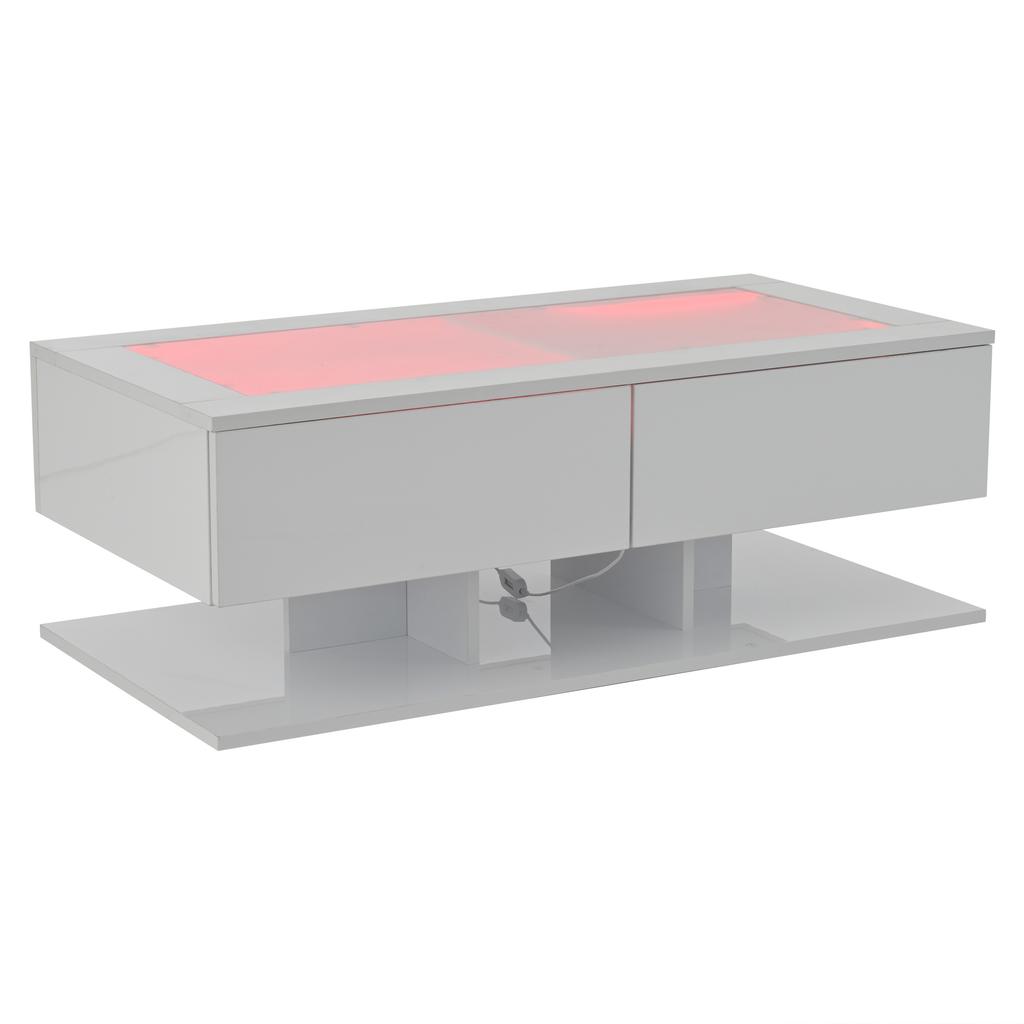 100*50*35cm Coffee Table, High Gloss Sofa Table, Living Room Table with Drawers, Coffee Table with LED Light, Glass Top, White