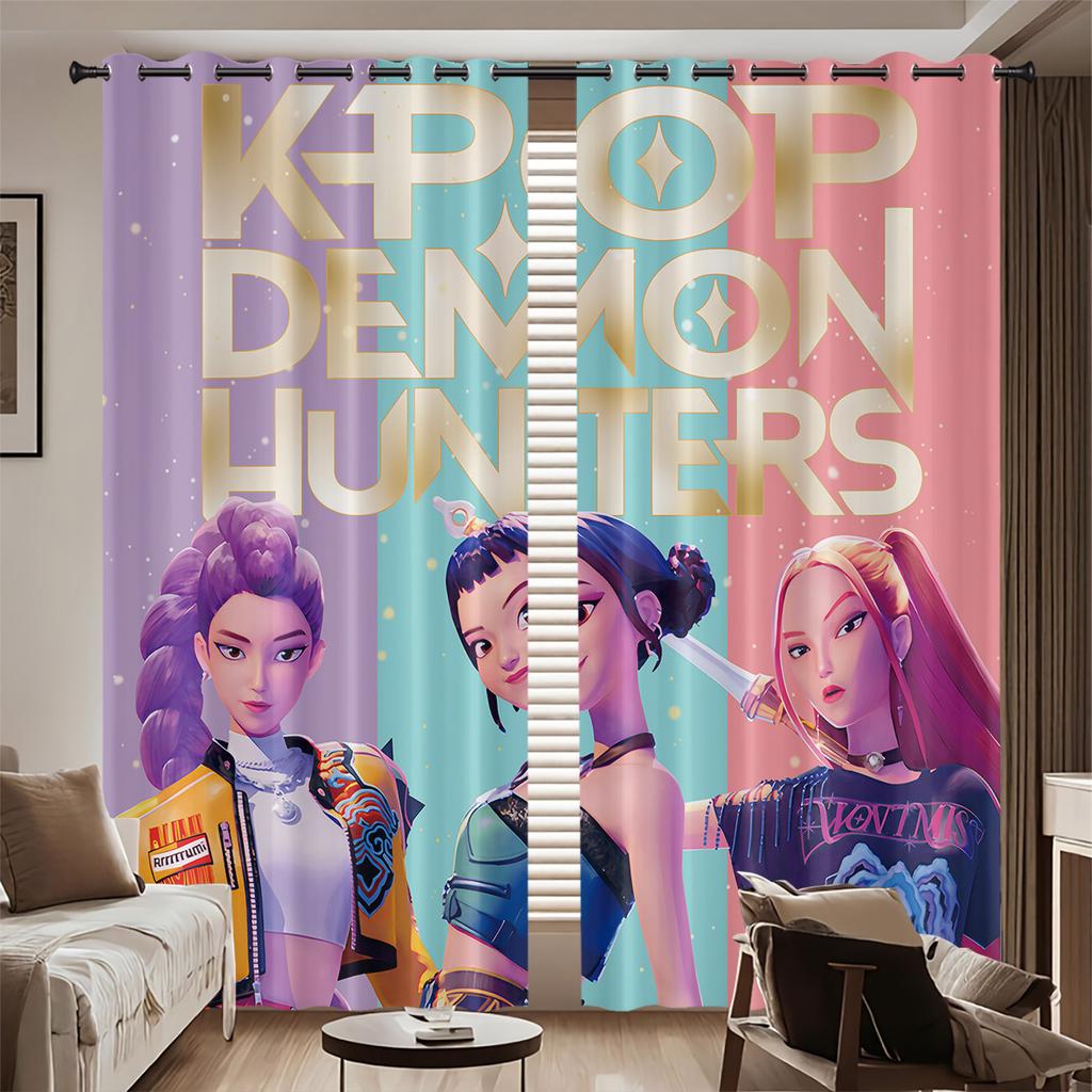 2Pcs K-Pop Demon Hunters Print Perforated Blackout Curtains Multiple Size Living Room Insulation Decoration, Machine Washable