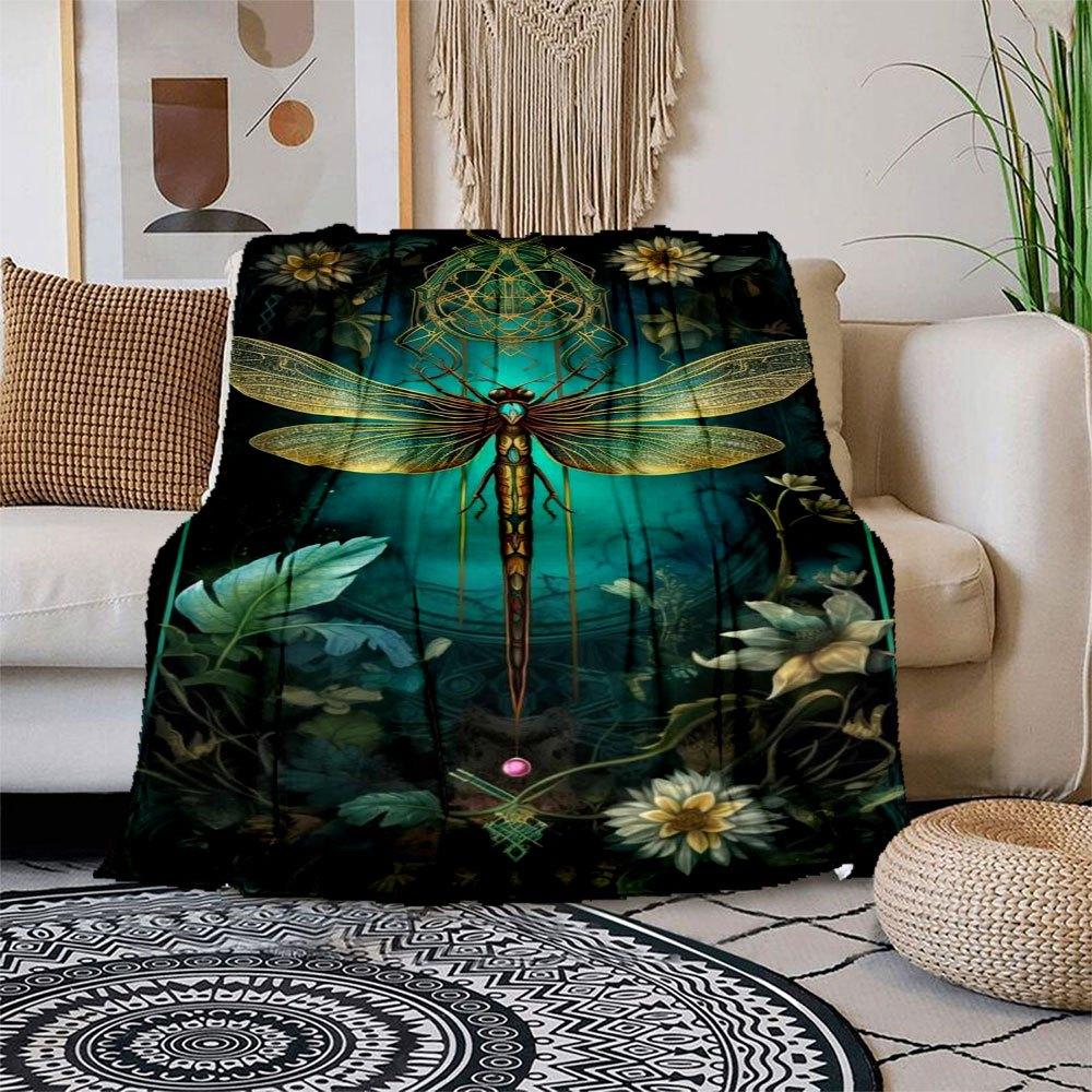 "Golden Dragonfly Fantasy Art Print - Nature's Beauty on Canvas"Blanket Flannel Throw Blanket for Sofa, Bed, Travel, Camping, Office, Couch,