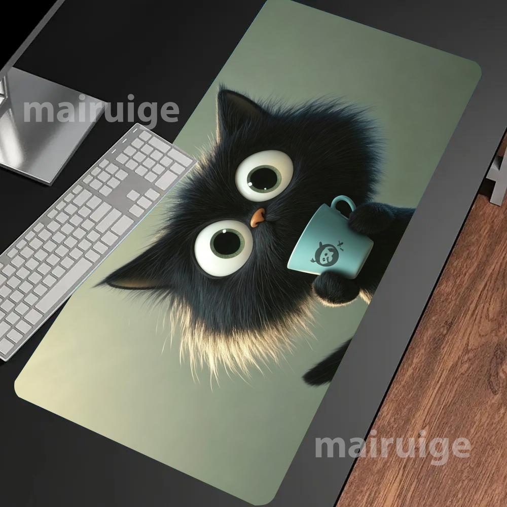 Cute Fluffy Black Cat Mouse Pad Large Computer Office Game Table Mat Rubber Anti-slip Stitched Keyboard Mats 90x40 XXL Desk Pads