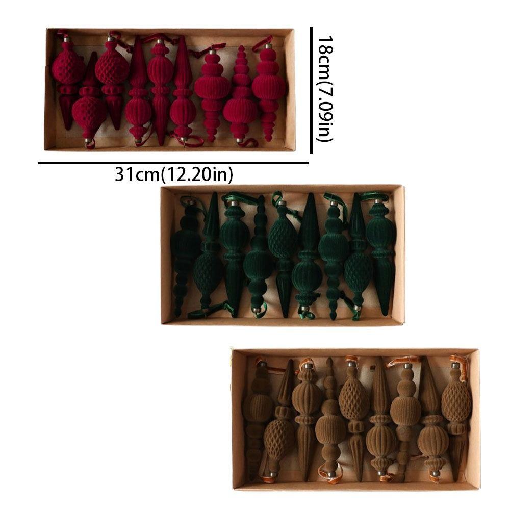 9Pcs Vintage Velvet Christmas Ball Set Solid Color Christmas Finial Ball Pendants Indoor