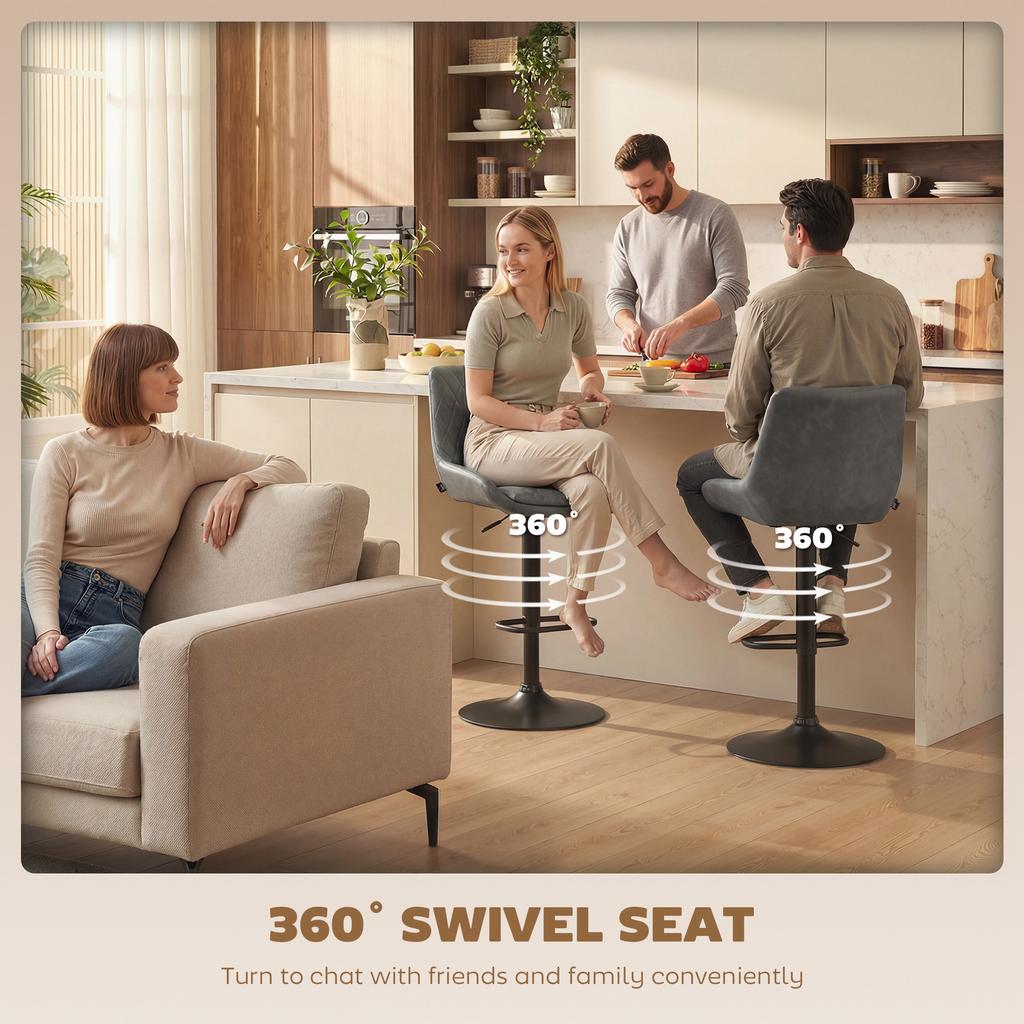 Retro Bar Stools Set of 2, Adjustable Kitchen Stool, Upholstered Bar Chairs with Back, Swivel Seat, Dark Grey