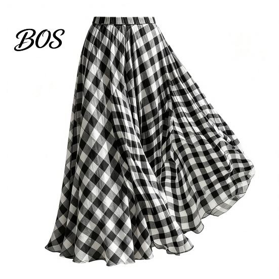 Comfortable Maxi Skirt Women Skirt, Elastic Waist Plaid Print Long Flowy Vacation Hem Lightweight Summer for Beach Travel Party