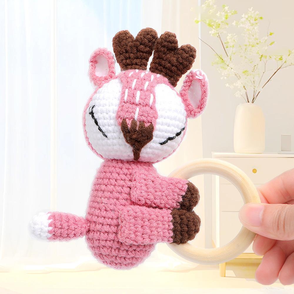 DIY Hand Crochet Yarn Pet Rattle Toy with Wooden Ring Cartoon Animal Doll for Cats Molar Anxiety Relief